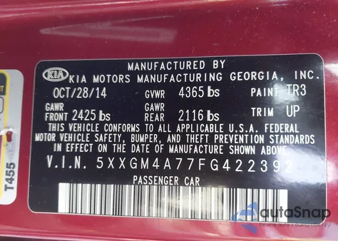 2015 Kia Optima Lx from USA, damaged, VIN 5XXGM4A77FG422392